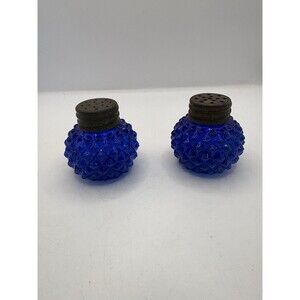 19th Century Cobalt Blue Pressed Glass Hobnail Salt And Pepper Shakers
